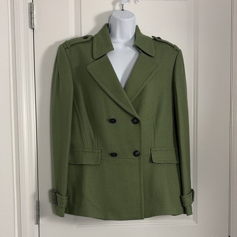 Tahari Green Herringbone Double Breasted Pea Coat 16 Military chic Academia